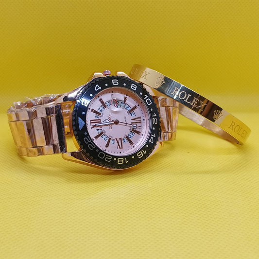 Gold Prestige Set – GMT Roman Dial Watch & Rolex Inspired Bracelet