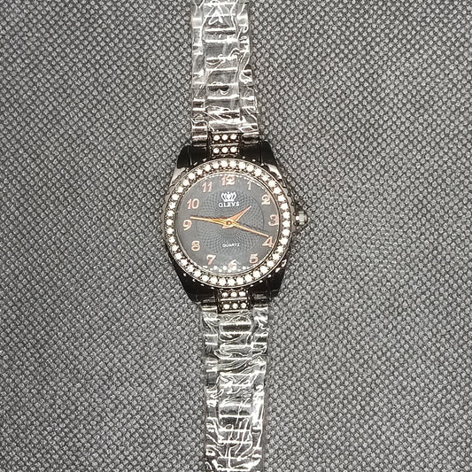 Ladies Crystal Bezel Watch – Black Dial with Black Stainless Steel Strap