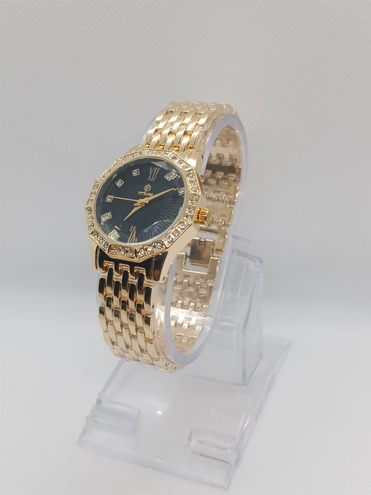Midnight Grace Ladies Watch – Gold Bracelet, Black Dial, Crystal Bezel