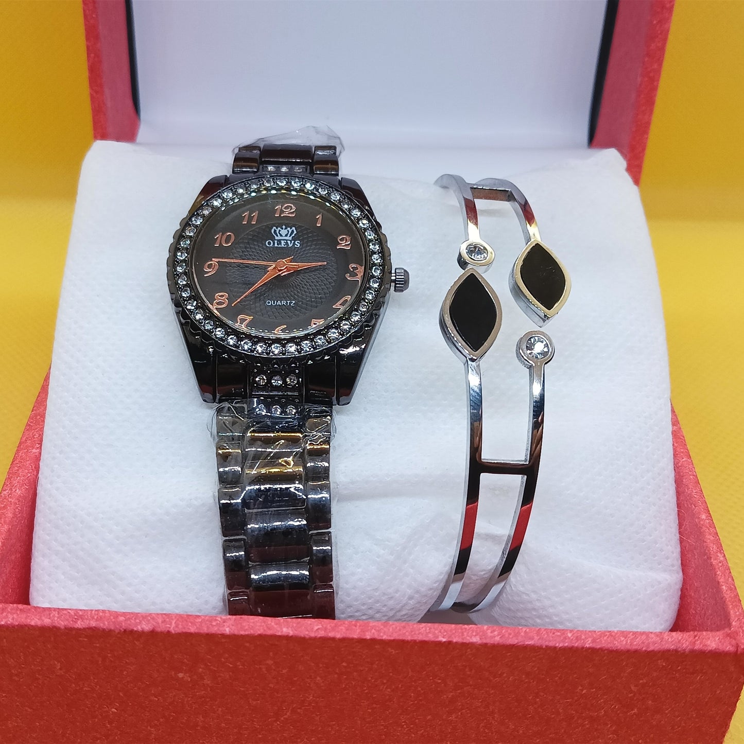 Black Elegance Set – Crystal Bezel Watch & Silver Leaf Bracelet