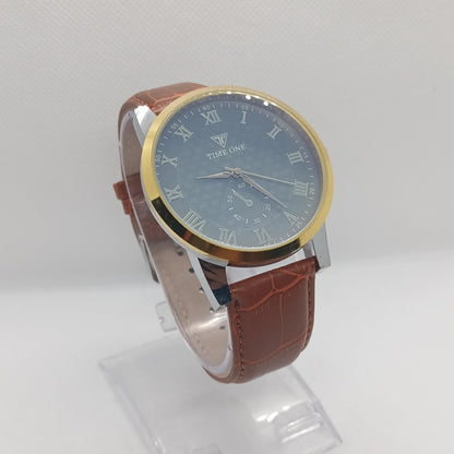 Wristwatch with brown leather strap and blue dial on a white background