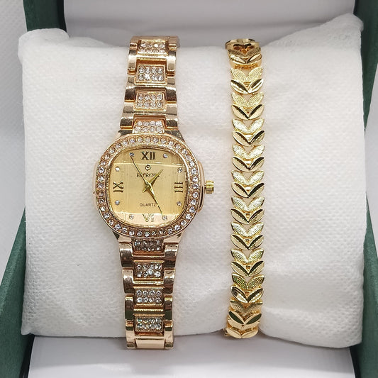 Gold Ladies Watch & Leaf Bracelet Set