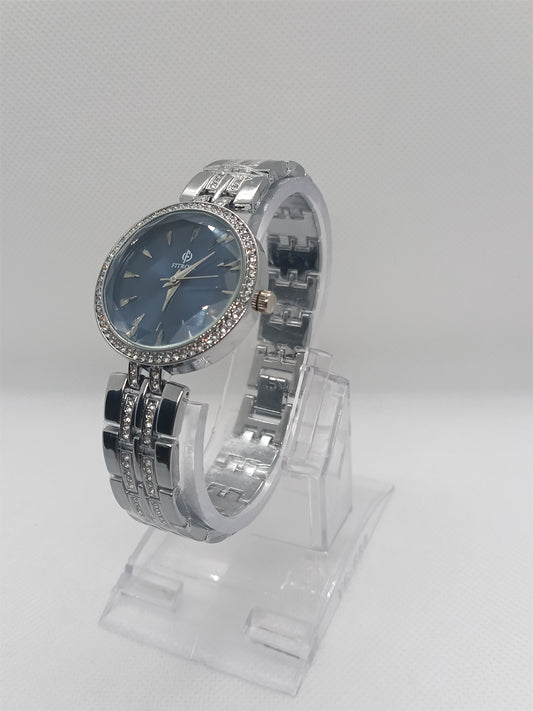 Sapphire Charm Ladies Watch – Silver Bracelet, Blue Dial, Crystal-Accent Bezel