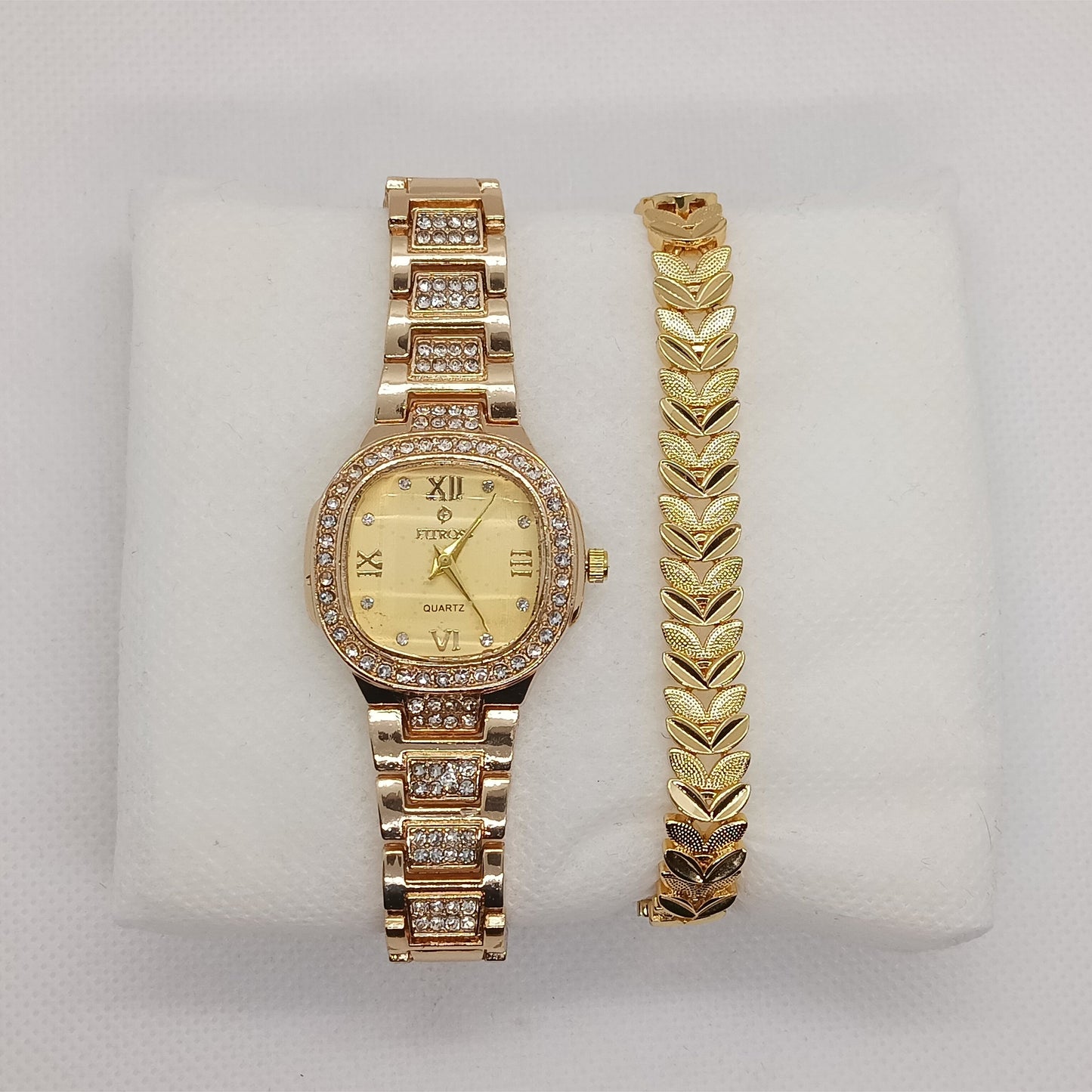 Gold Ladies Watch & Leaf Bracelet Set