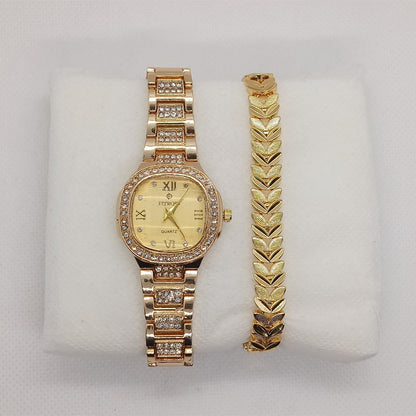 Gold Ladies Watch & Leaf Bracelet Set