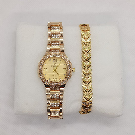 Gold Ladies Watch & Leaf Bracelet Set