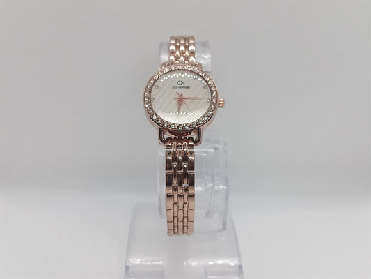 Bronze Elegance Ladies Watch – White Dial, Bronze-Tone Bracelet, Crystal Bezel, Classic Women’s Timepiece