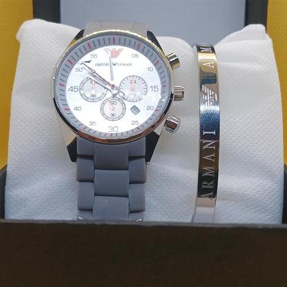 Armani Signature Set – Silver Chronograph Watch & Engraved Bracelet