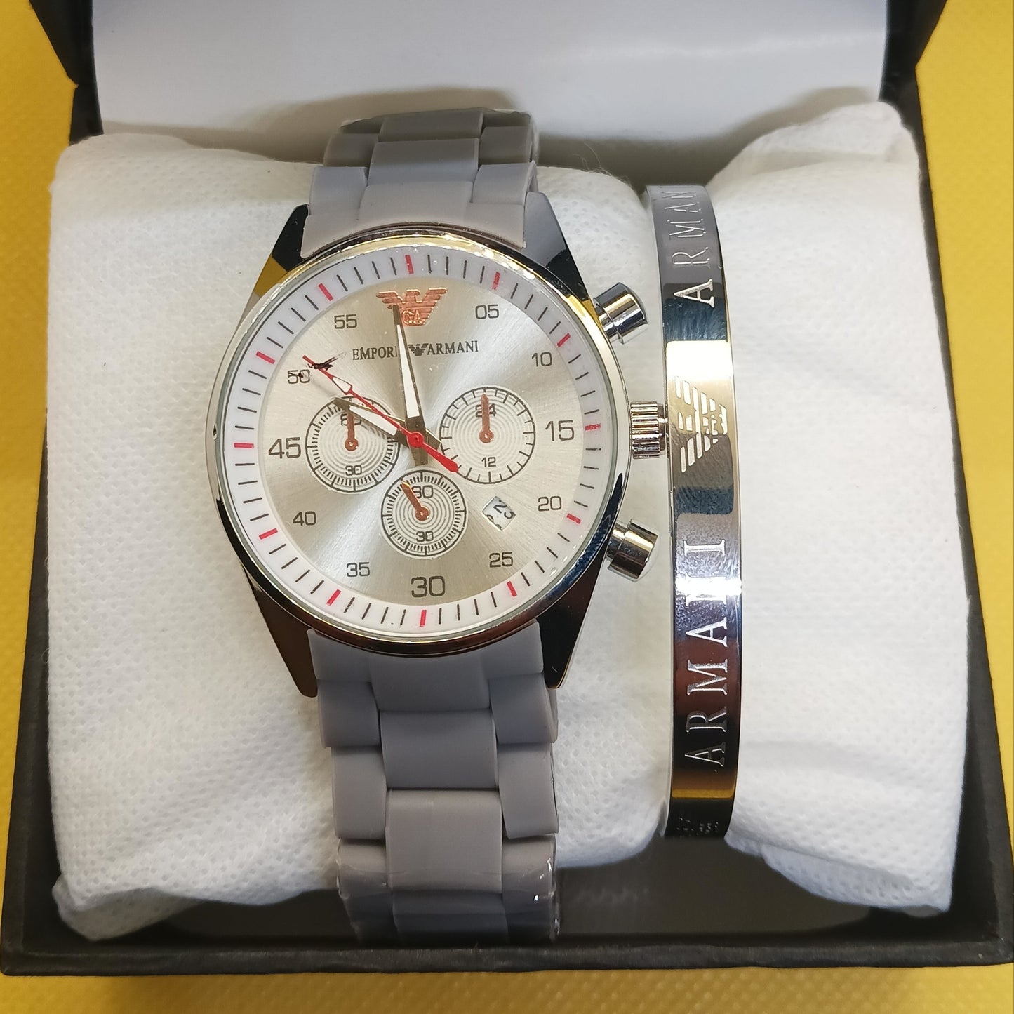 Armani Signature Set – Silver Chronograph Watch & Engraved Bracelet
