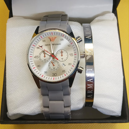 Armani Signature Set – Silver Chronograph Watch & Engraved Bracelet