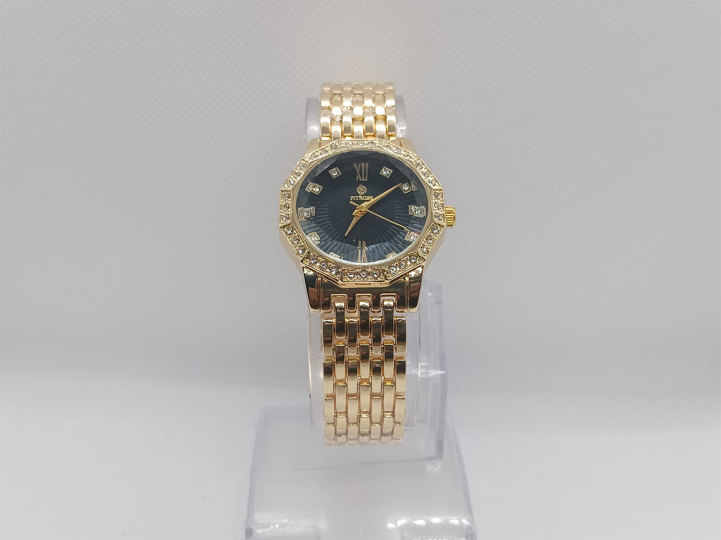 Midnight Grace Ladies Watch – Gold Bracelet, Black Dial, Crystal Bezel