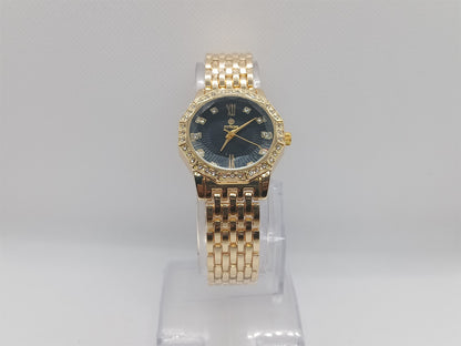 Midnight Grace Ladies Watch – Gold Bracelet, Black Dial, Crystal Bezel