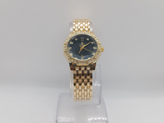 Midnight Grace Ladies Watch – Gold Bracelet, Black Dial, Crystal Bezel