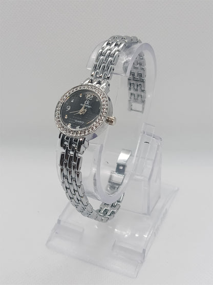 Luxe Charm Ladies Watch – Silver Stainless Bracelet, Crystal Bezel, Black Dial