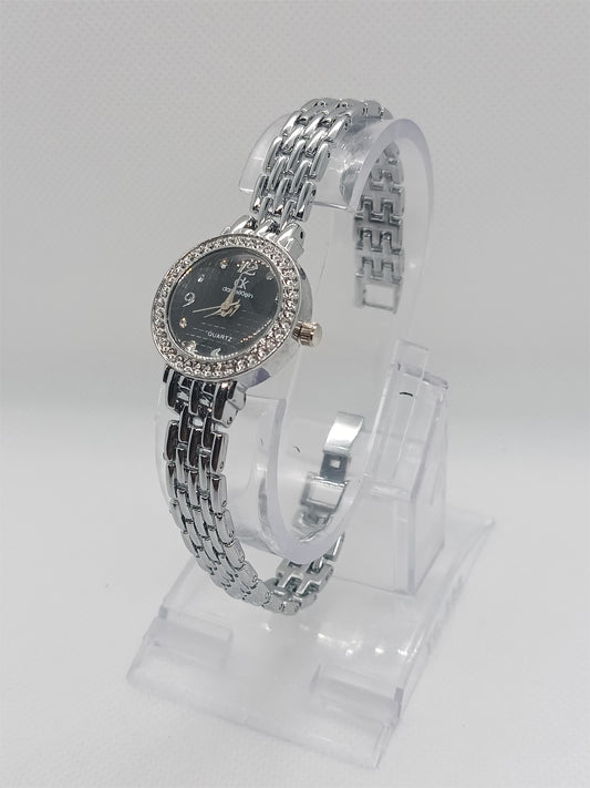 Luxe Charm Ladies Watch – Silver Stainless Bracelet, Crystal Bezel, Black Dial