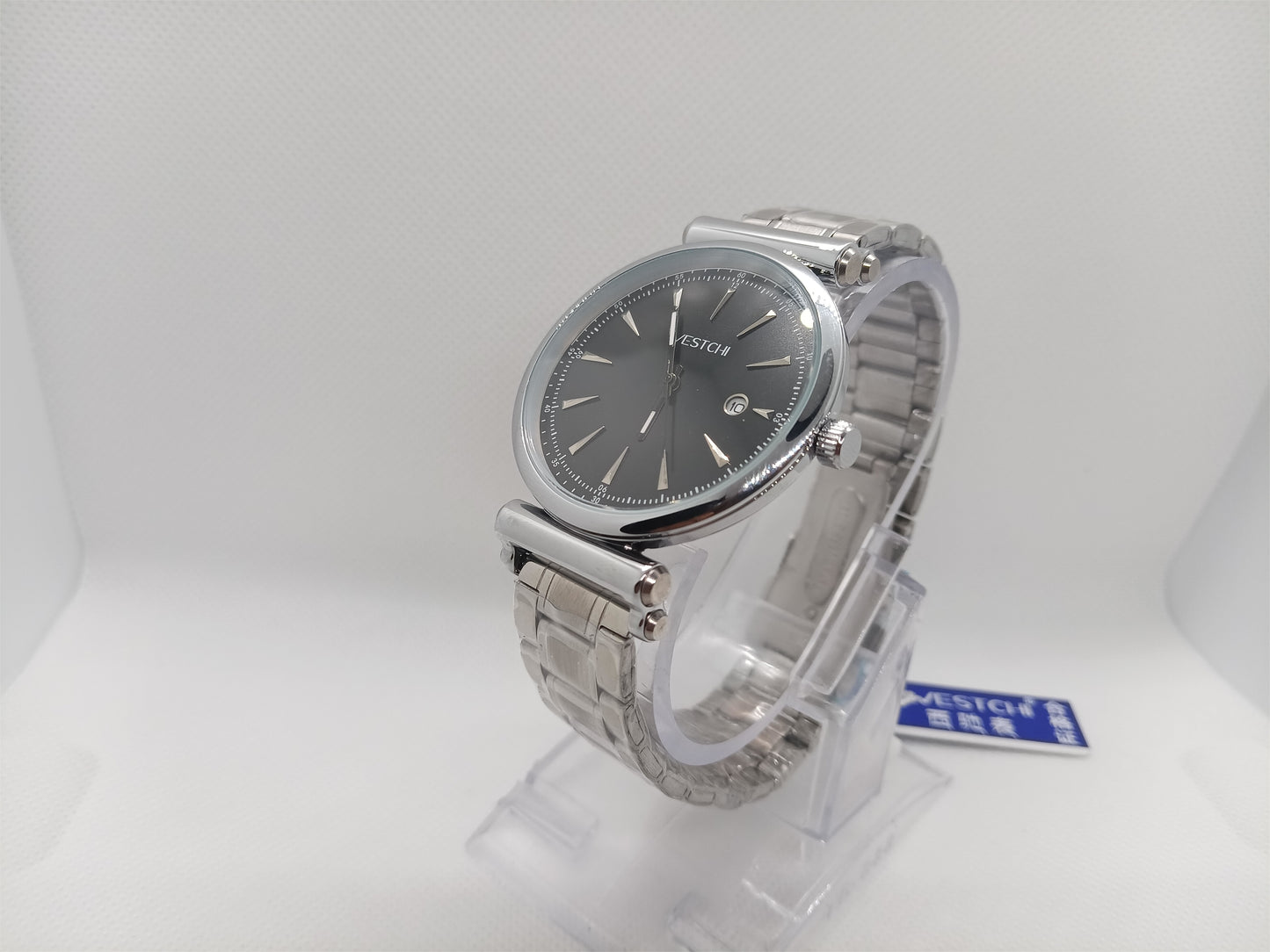 Elegant Black Dial Men’s Watch – Silver Stainless Steel Chain, Date Feature, Water Resistant