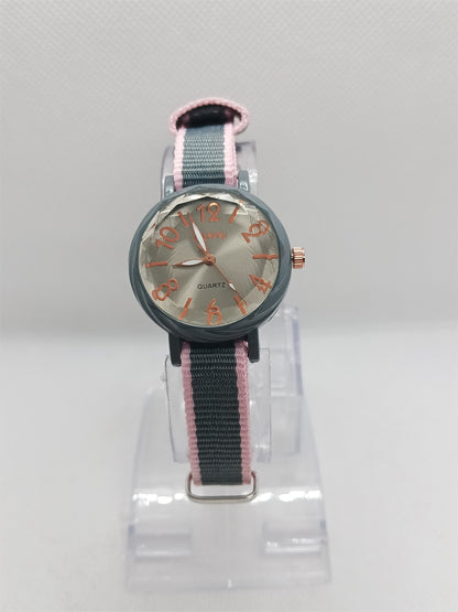 Ladies’ Grey Dial Fabric Strap Watch – Rose Accent Design