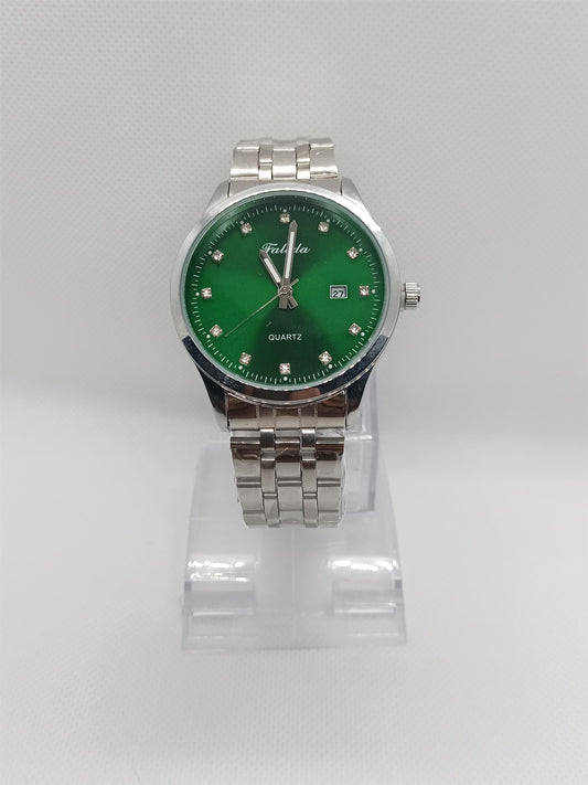Green Luxury Dial Men’s Watch – Silver Stainless Steel Chain, Date Display, Water Resistant