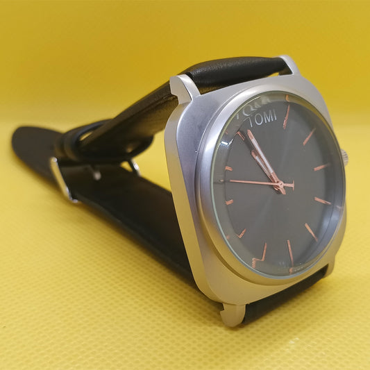 TOMI Black Men’s Watch – Cushion Case with Leather Strap