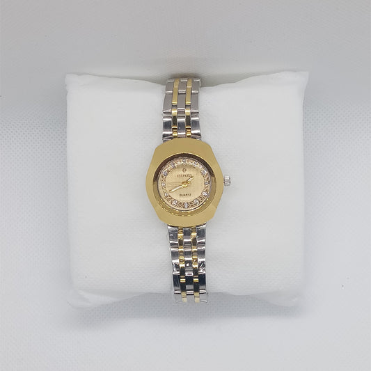 Elegant Two-Tone Ladies’ Watch – Gold Bezel & Champagne Dial