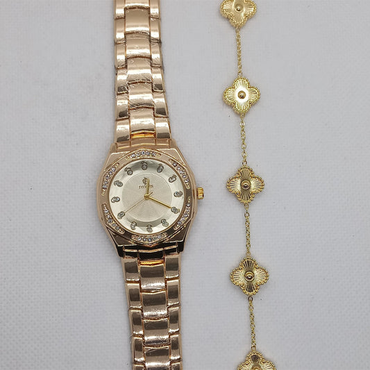 Gold Ladies Watch & Floral Chain Bracelet Set