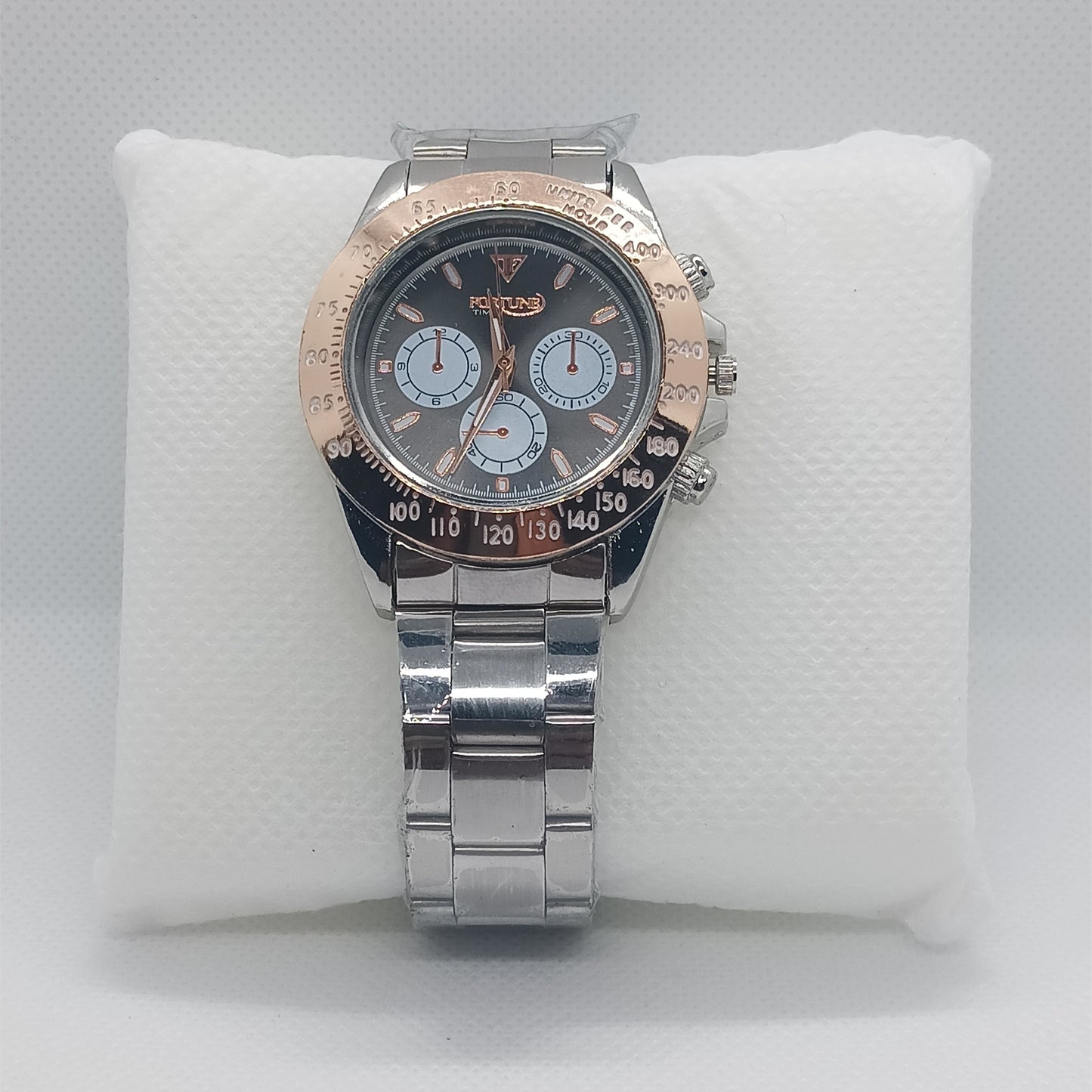 Apex Chronograph – Black Dial with Silver Strap & Rose Gold Bezel