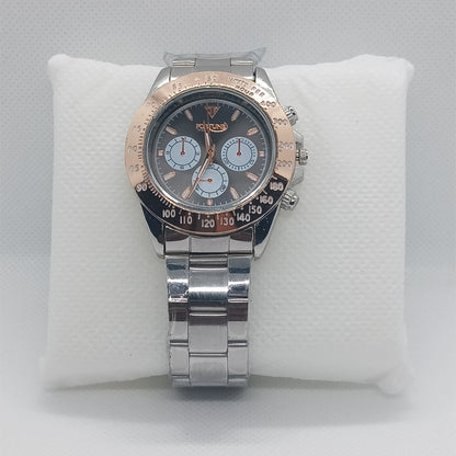 Apex Chronograph – Black Dial with Silver Strap & Rose Gold Bezel