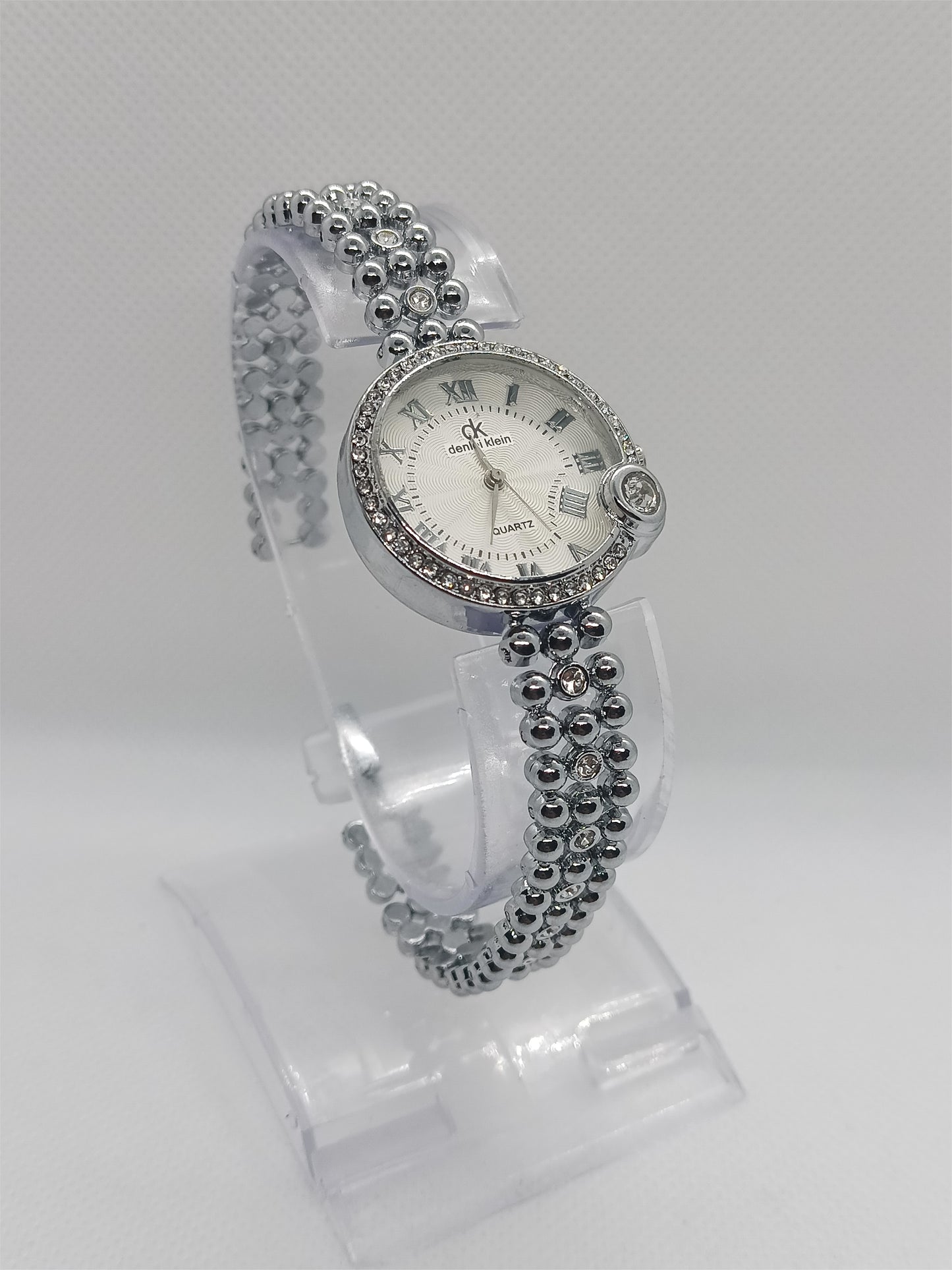Pearl Radiance Ladies Watch – Silver Beaded Bracelet, Crystal Accent, Premium Classic Design