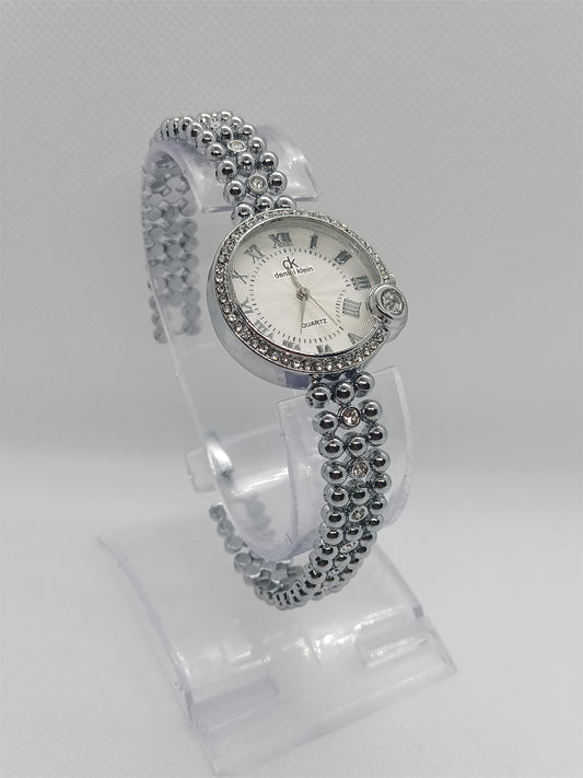 Pearl Radiance Ladies Watch – Silver Beaded Bracelet, Crystal Accent, Premium Classic Design
