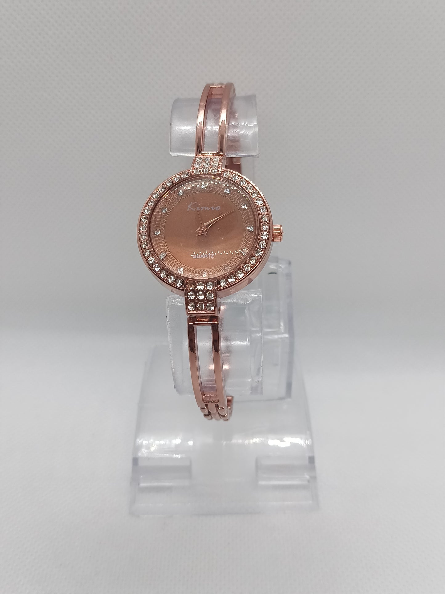 Elegant Grace Ladies Watch – Rose Bronze Bangle Bracelet, Crystal Bezel, Modern Chic Dial
