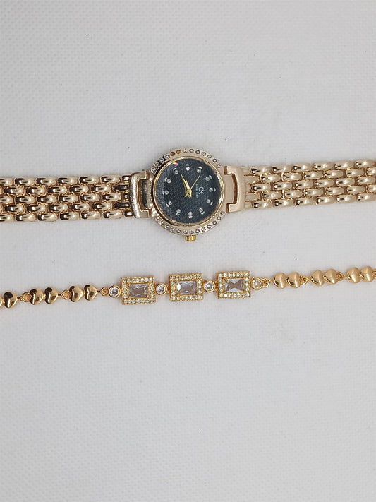 Gold Ladies Watch & Luxury Stone Bracelet Set