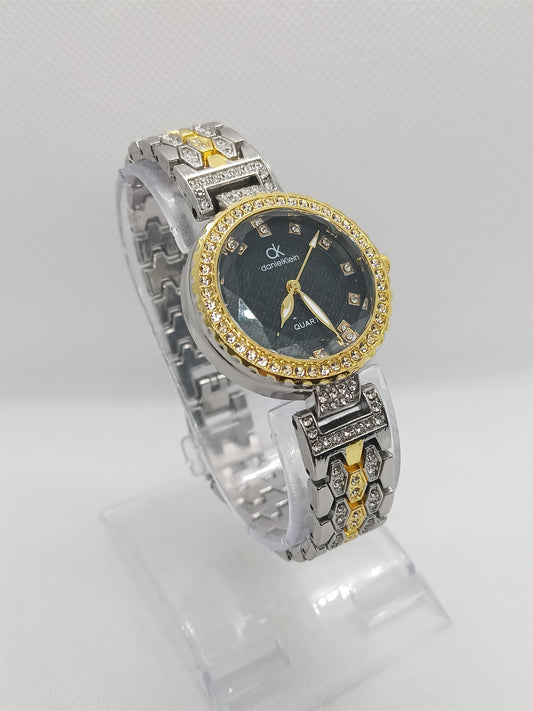 Luxury Black Crystal Dial Women’s Watch with Dual-Tone Strap