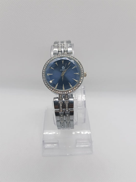 Sapphire Charm Ladies Watch – Silver Bracelet, Blue Dial, Crystal-Accent Bezel