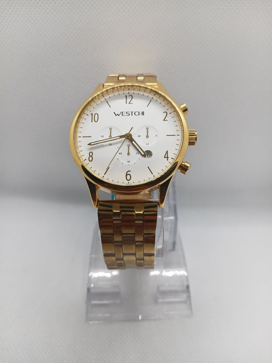 Gold Classic Chronograph Men’s Watch – Premium Stainless Steel, Date Feature, Water Resistant