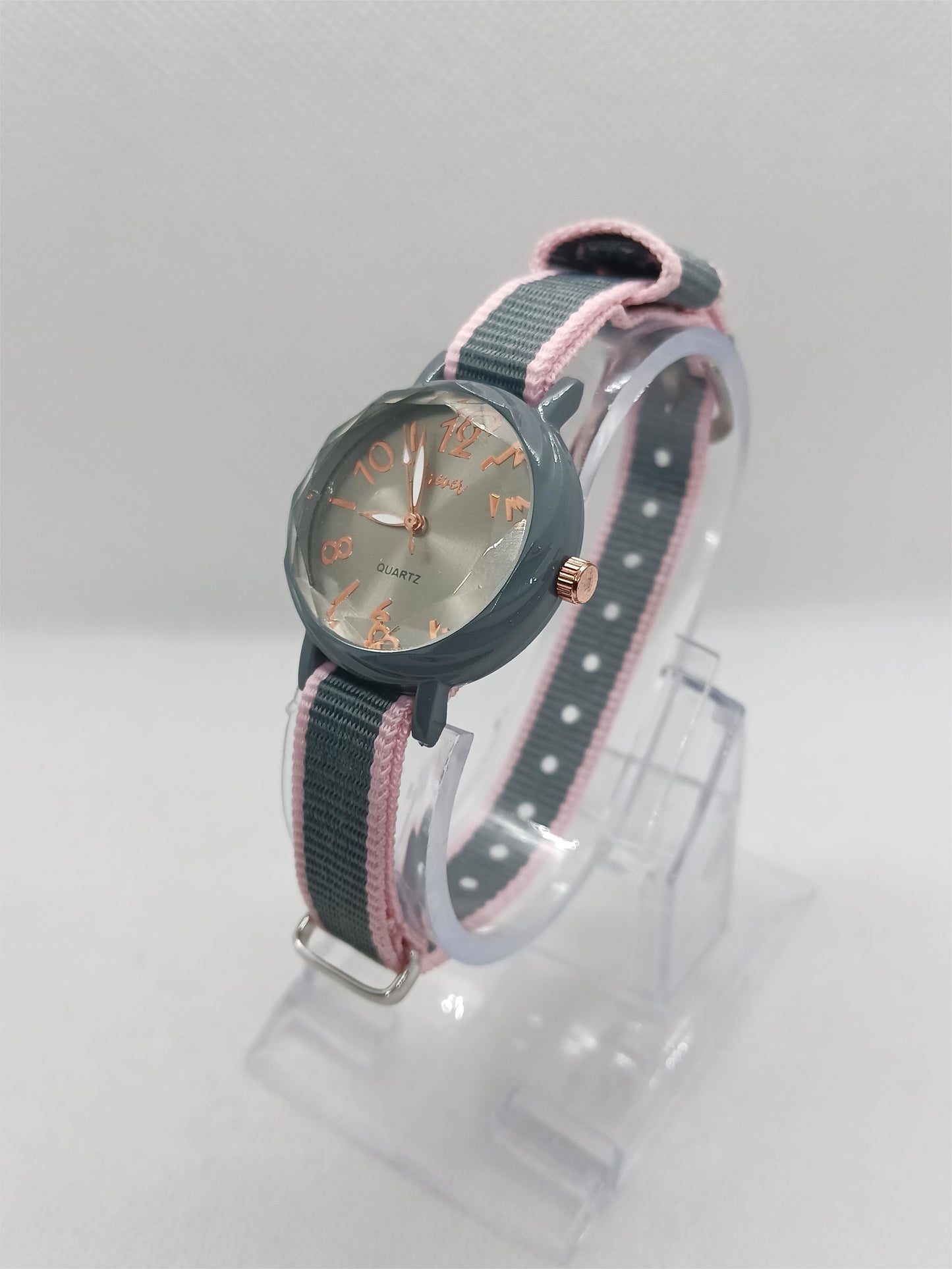 Ladies’ Grey Dial Fabric Strap Watch – Rose Accent Design
