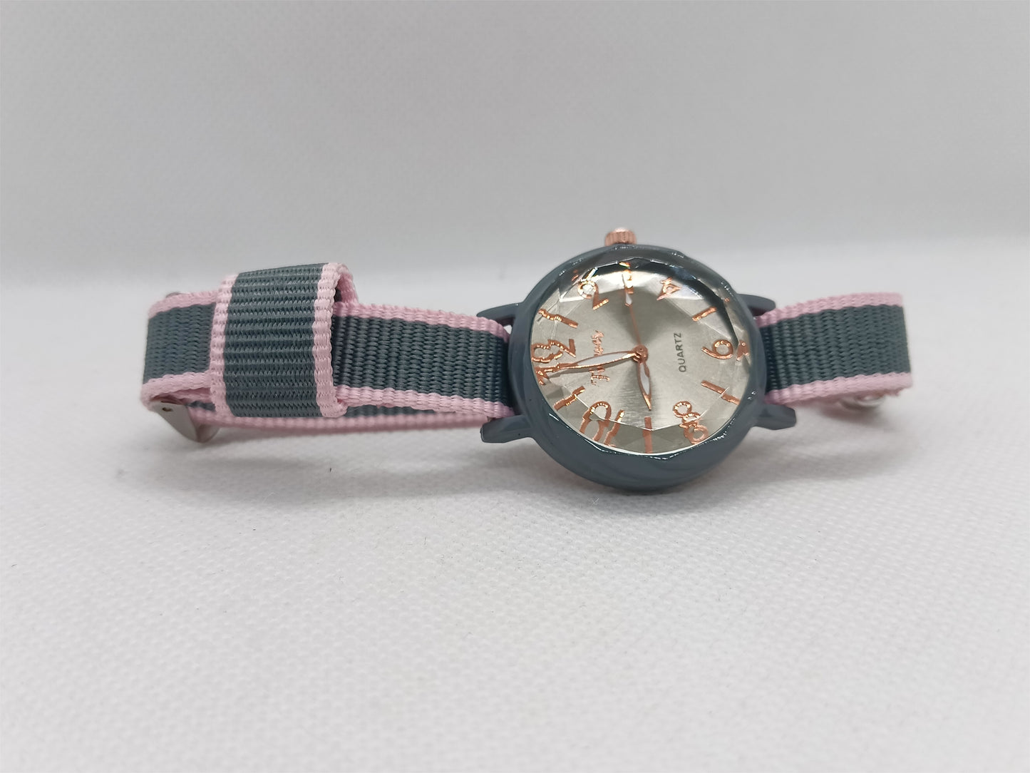 Ladies’ Grey Dial Fabric Strap Watch – Rose Accent Design