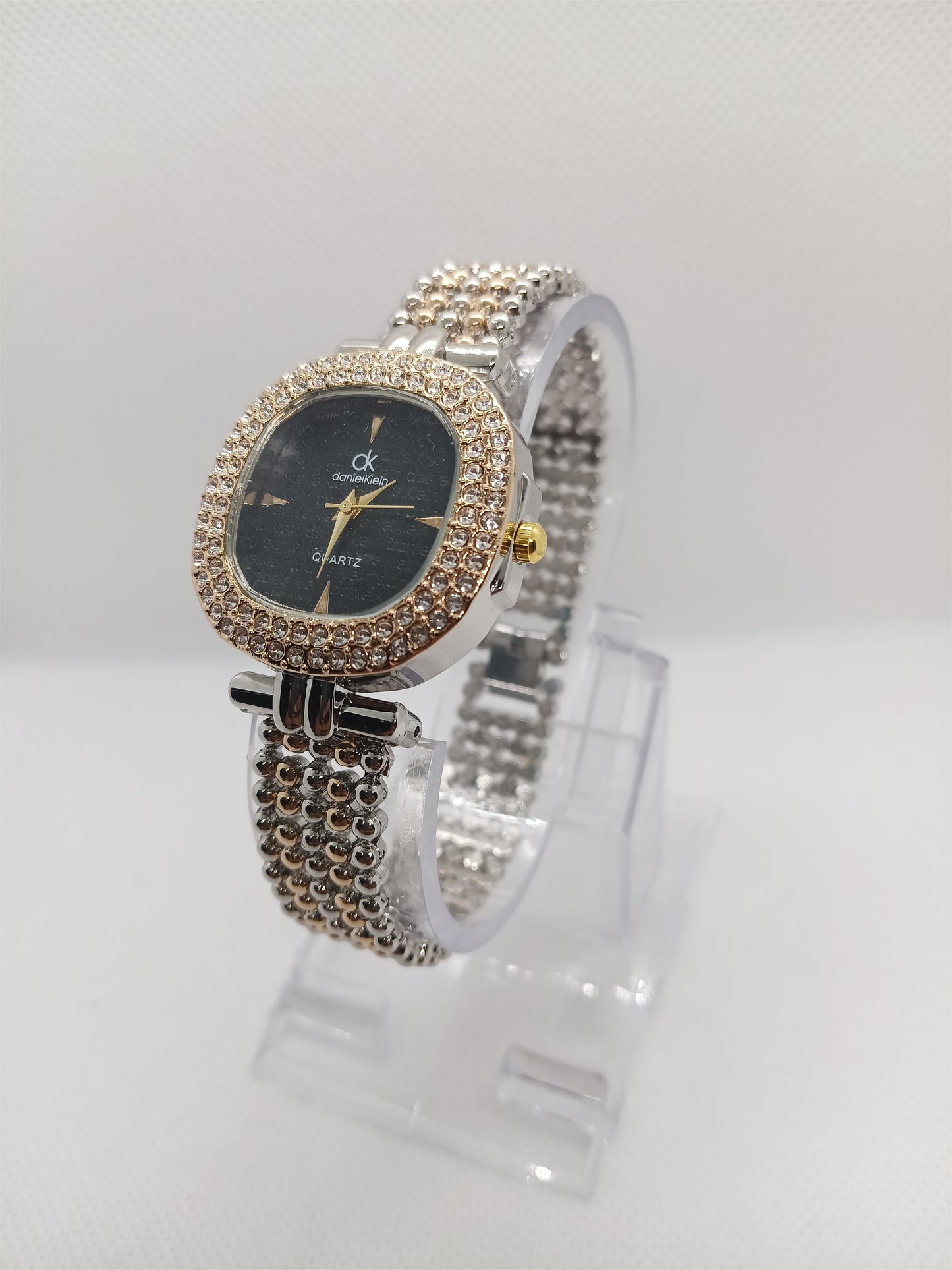 Luxury Black Crystal Frame with Golden Mesh Strap