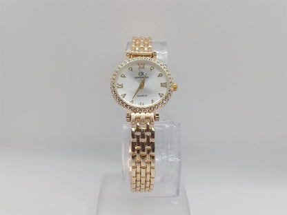 Crystal Luxe Ladies Watch – White Dial, Gold-Tone Stainless Steel Bracelet, Crystal Bezel