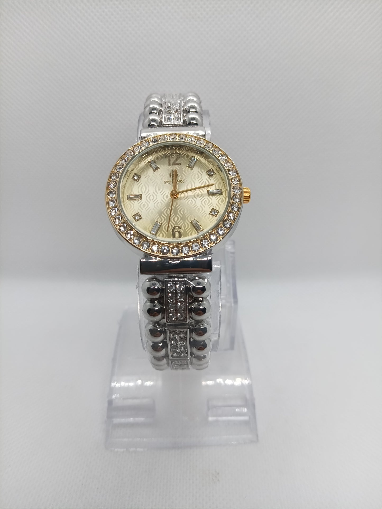 Silver Pearl Classic Ladies Watch – Gold Plated, Pearl White Dial, Crystal Bezel