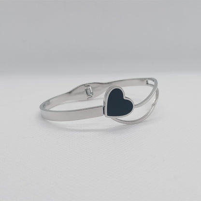 Silver Stainless Steel Heart Bracelet with Black Enamel