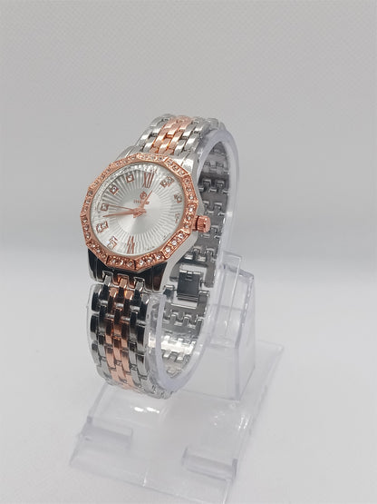 Rose Luxe Ladies Watch – Rose Gold & Silver Chain, Crystal Bezel, Premium Dial