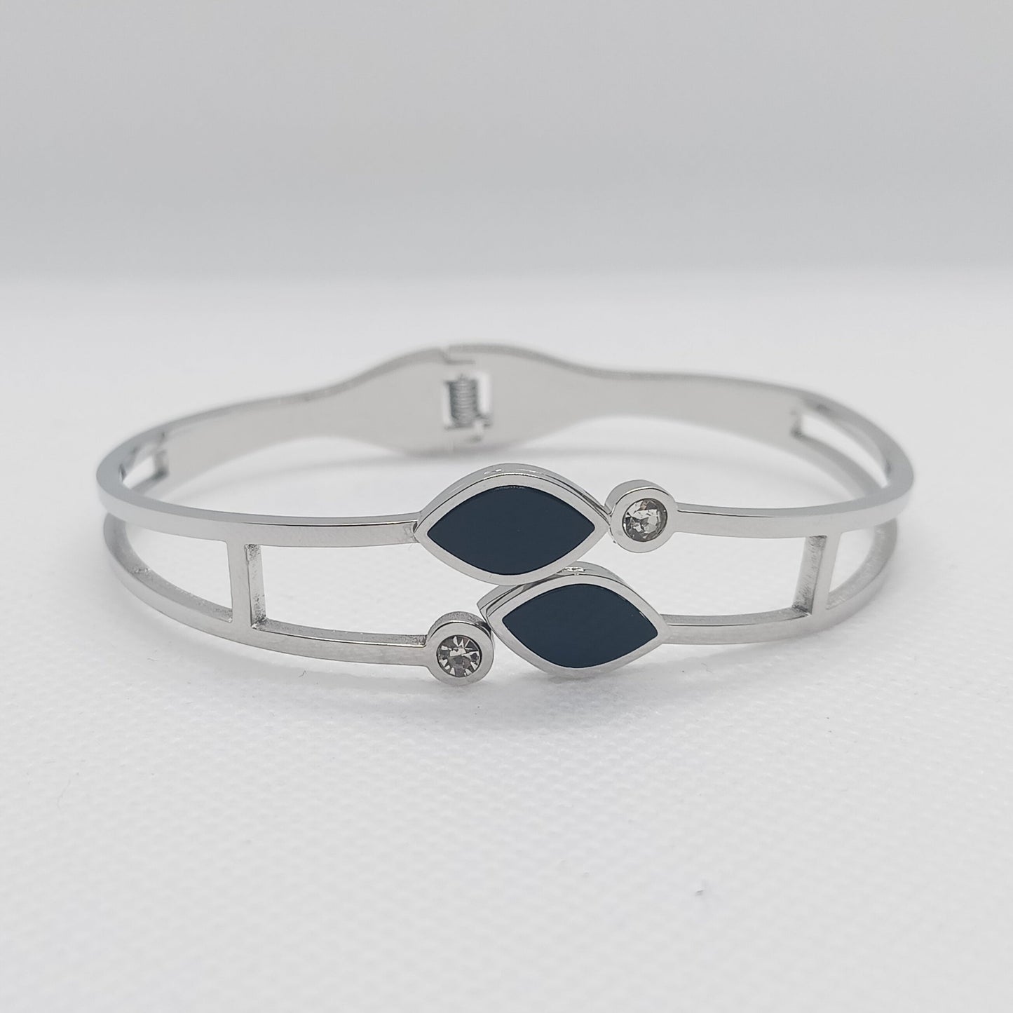 Silver Dual Leaf Black Stone Stainless Steel Bracelet for Women