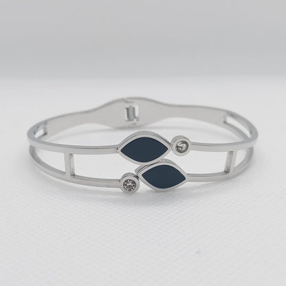 Silver Dual Leaf Black Stone Stainless Steel Bracelet for Women