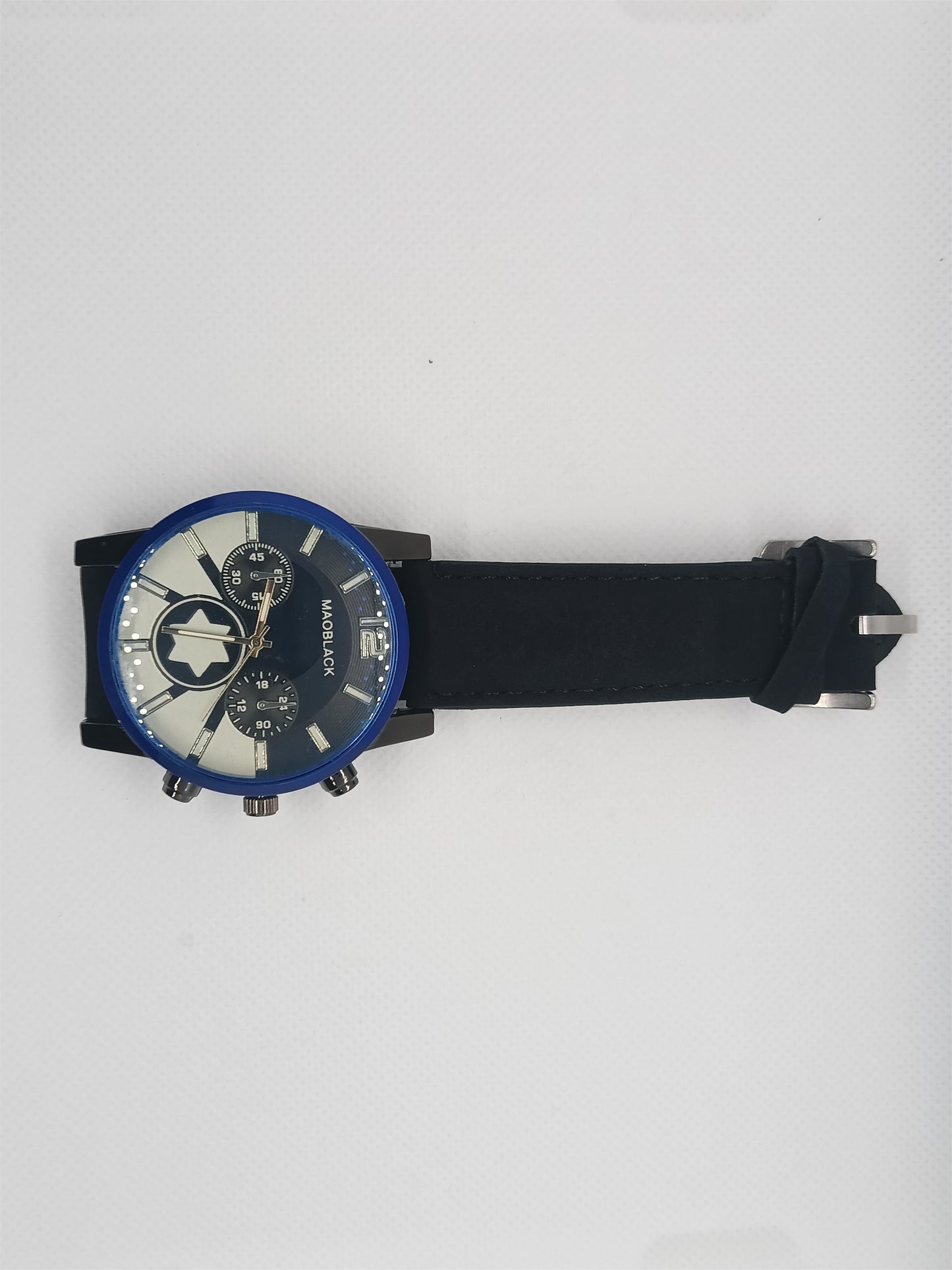 Blue Dial Men’s Leather Watch – MAOBLACK Oversized Heavy Dial, Black Leather Strap
