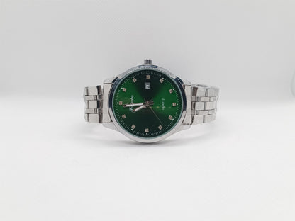 Green Luxury Dial Men’s Watch – Silver Stainless Steel Chain, Date Display, Water Resistant