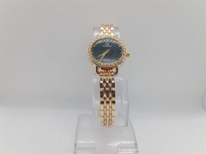 Midnight Aura Ladies Watch – Black Dial, Gold Bracelet, Crystal Bezel, Premium Design