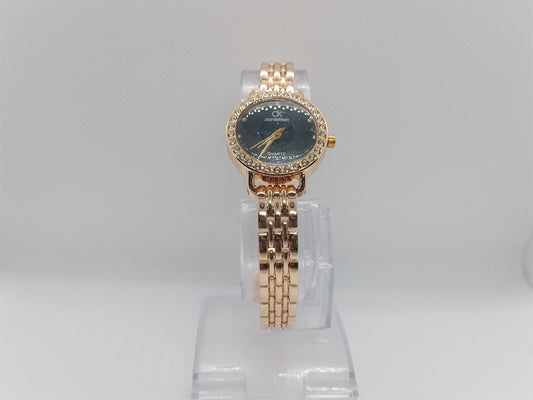 Midnight Aura Ladies Watch – Black Dial, Gold Bracelet, Crystal Bezel, Premium Design