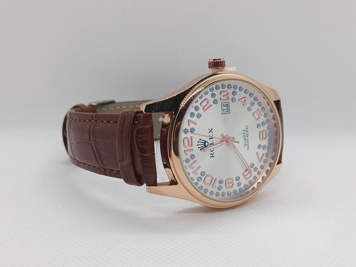 Premium White Dial Men’s Watch – Brown Leather Strap, Classic Luxury Design, Date Feature
