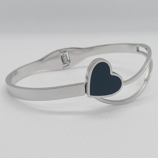 Silver Stainless Steel Heart Bracelet with Black Enamel