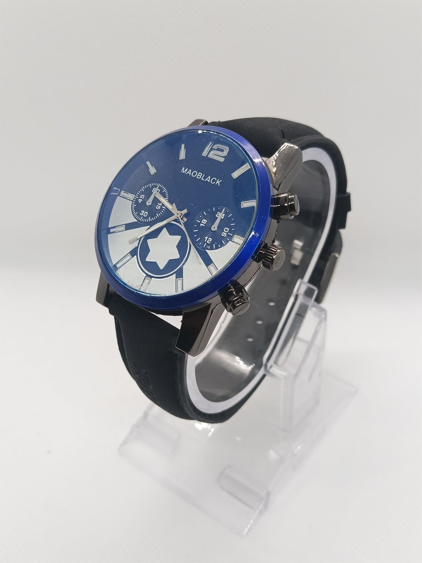 Blue Dial Men’s Leather Watch – MAOBLACK Oversized Heavy Dial, Black Leather Strap